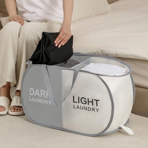 Collapsible Laundry Baskets with 2 Compartments, Black + Begie - color: Grey + Begie