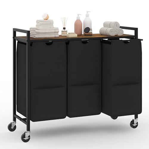 Laundry Sorter with Wheels, 3 Section, Rustic Brown Black - size: 3 Bags-120L / Rustic Brown + Black / w Wheels