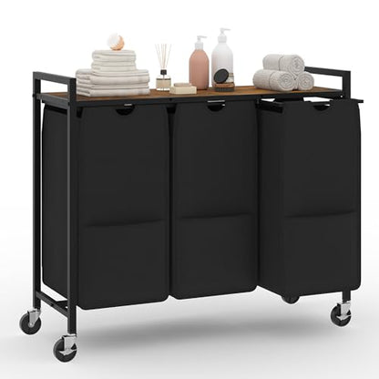 Laundry Sorter with Wheels, 3 Section, Rustic Brown Black - size: 3 Bags-120L / Rustic Brown + Black / w Wheels