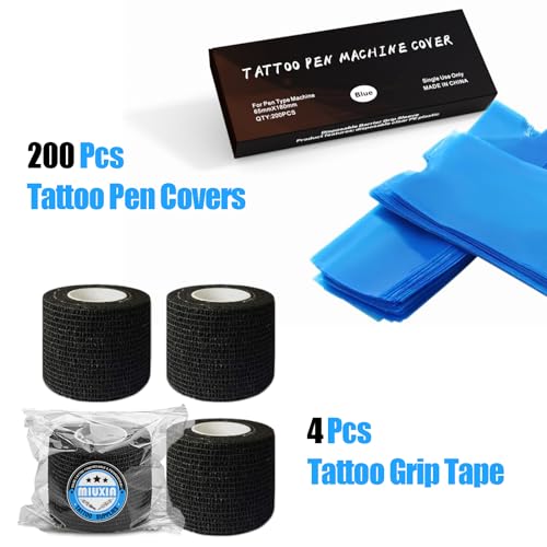 200pcs Blue Tattoo Machine Pen Covers & 4pcs Grip Tape Wraps - color: Blue Black