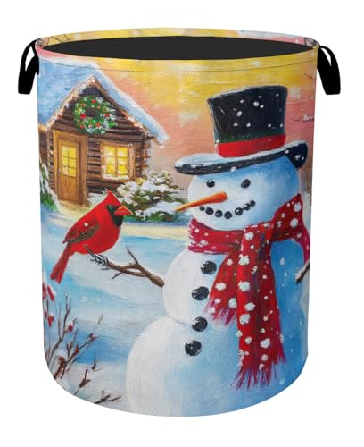 Snowman Cardinal Large Clothes Hamper Bag - Laundry Basket with Handles, Space Saving Foldable Design for Nursery - color: Snowman Cardinal