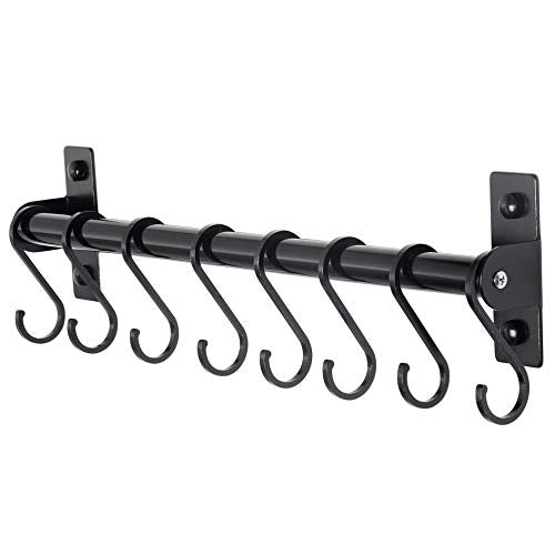 Dseap Kitchen Utensil Holder Hanger, Pot and Pan Rack Wall Mounted, Kitchen Rail with 8 Hooks for Hanging Cooking Utensils, Mugs, Spoons, Wall Mounted, Black - color: Black