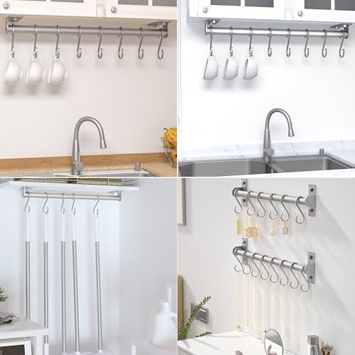 Dseap Kitchen Utensil Holder Hanger, Pot and Pan Rack Wall Mounted, Kitchen Rail with 8 Hooks for Hanging Cooking Utensils, Mugs, Spoons, Wall Mounted, Silver - color: Silver