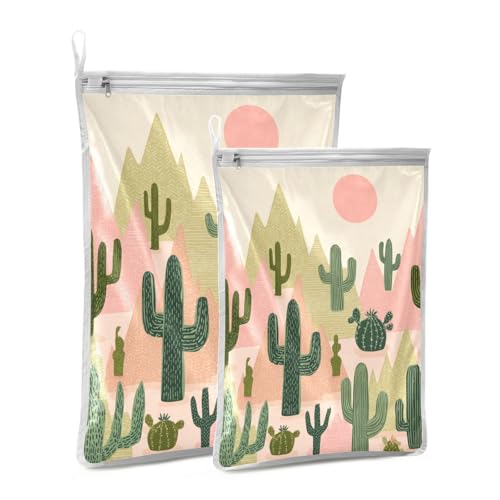 Mesh Laundry Bags Lingerie Bags for Washing Delicates 2 PCS Durable Wash Bag with Zipper Small and Medium Washable Boho Cacti Mountains Sun - color: Boho Cacti Mountains Sun