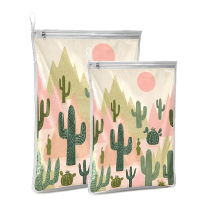 Mesh Laundry Bags Lingerie Bags for Washing Delicates 2 PCS Durable Wash Bag with Zipper Small and Medium Washable Boho Cacti Mountains Sun - color: Boho Cacti Mountains Sun