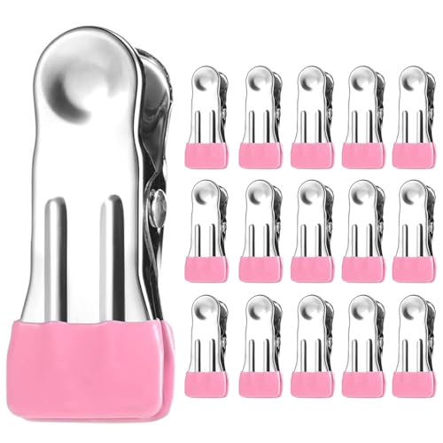 Clothes Hangers Heavy Duty 15Pack, 2.17 Inch Metal Clips, Clothespins for Photo Drying Clothesline Laundry Sock, Bag Clips for Food Kitchen Stainless Steel with Rubber,Pink