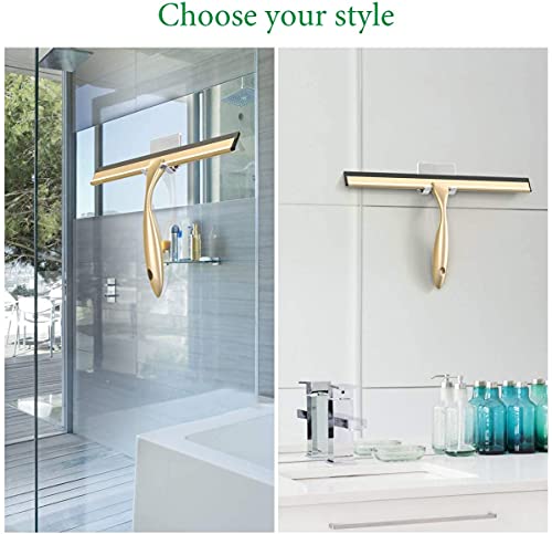 OPERNEE Shower Squeegee with Self Adhesive Hook, 12 Inches Stainless Steel Squeegee Cleaner, All-Purpose Window Scraper for Bathroom Doors, Mirror, Windows and Car Glass, Brushed Gold
