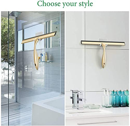 OPERNEE Shower Squeegee with Self Adhesive Hook, 12 Inches Stainless Steel Squeegee Cleaner, All-Purpose Window Scraper for Bathroom Doors, Mirror, Windows and Car Glass, Brushed Gold