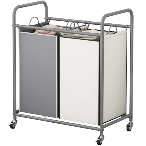 SUOERNUO Laundry Hamper with Lockable Wheels and 2 Removable Bags - color: Grey+Beige
