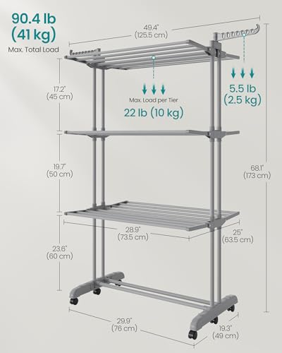 SONGMICS 4-Tier Clothes Drying Rack, Foldable, Rolling, 67.9-Inch Tall - color: Dove Gray, style: 4-Tier + Foldable