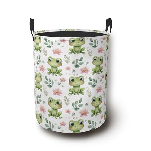 Cute Frog Laundry Hamper with Handles,Lotus Collapsible Waterproof Storage Basket for Dirty Clothes Books Round Organizer Bin for Bathroom Bedroom College Dorms 16" x 20.8" - color: Cute Frog Lotus