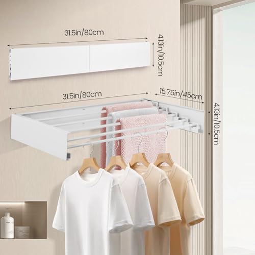 Wall Mounted Laundry Drying Rack, Carbon Steel Foldable & Retractable Clothes Drying Rack, Space Saving Adjustable Towel Holder for Bathroom, Laundry, Small Spaces (1, White, 31.5") - color: White, size: 31.5"