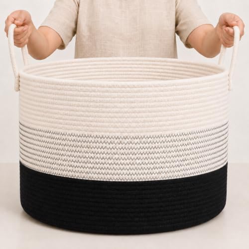 OrganiHaus Round Toy Basket & Blanket Basket, Cotton Rope 20x13" - color: 3-toned Black, size: Wide