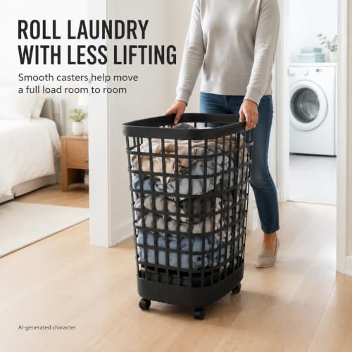 Black Rolling Laundry Hamper w/Casters, 2.6 Bushel Capacity - color: Black-Wheel-2.6 Bushel