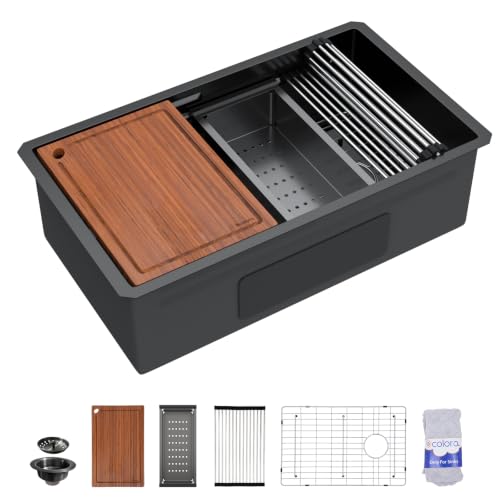 Dcolora 30"x19" Black Undermount Stainless Steel Kitchen Sink Workstation - color: Matte Black, size: 30"x19"