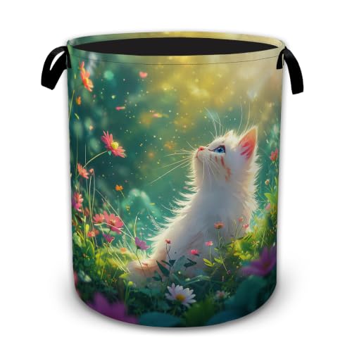 White Cat Fairy Large Clothes Hamper, Portable Collapsible Laundry Basket with Handles, Freestanding Storage Bin for Bedroom Bathroom Dorm Laundry Room - color: White Cat Fairy