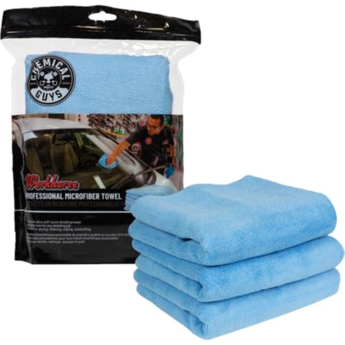 Chemical Guys MICBLUE03 Workhorse Professional Microfiber Towel, Blue (Safe for Car Wash, Home Cleaning & Pet Drying Cloths) 16" x 16", Pack of 3 - color: Blue, size: 16" x 16"