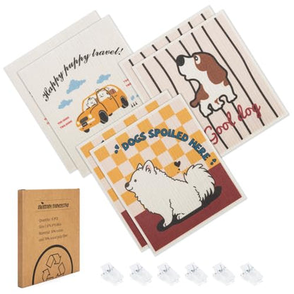 Swedish Dishcloths for Kitchen, 6 Pack Cute Dog Swedish Dish Towels with Clips, Reusable Paper Towels Washable Non-Scratch Super Absorbent Cellulose Sponge Cloths, Biodegradable No Odor - color: Cute Dog