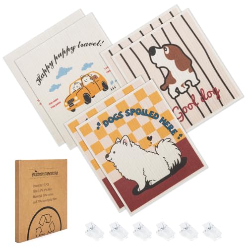 Swedish Dishcloths for Kitchen, 6 Pack Cute Dog Swedish Dish Towels with Clips, Reusable Paper Towels Washable Non-Scratch Super Absorbent Cellulose Sponge Cloths, Biodegradable No Odor - color: Cute Dog