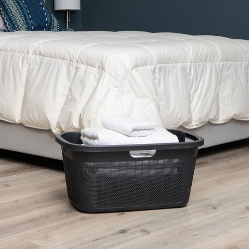 Mind Reader 40L Laundry Basket, Linen Design Clothes Hamper, Plastic Storage Bin with Handles, Black - color: Black