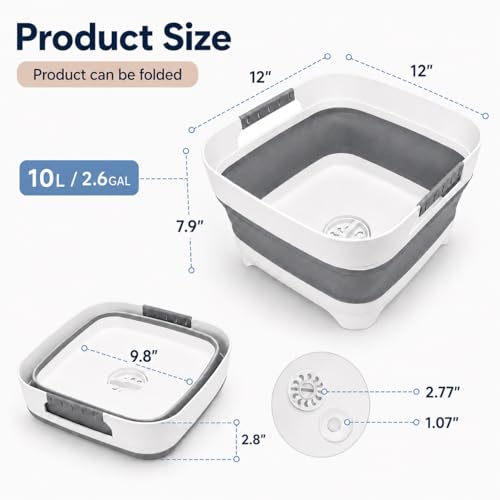 Collapsible Dish Basin with Drain Plug, 2.4 Gal 9L Foldable Wash Basin, Portable Sink Tub for Kitchen, Baby Bottles, Camping, RV, Vegetable Washing and Beverage Tub, Gray - color: Gray