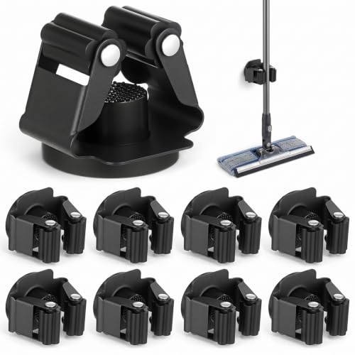 8pcs Magnetic Mop Broom Holder, Space-Saving Movable Magnetic Broom Holder Rack, Anti-Slip Wall Mounted Utility for Work Garage Laundry Kitchen RV Van Accessories (Black)
