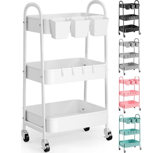 3 Tier Heavy Duty White Metal Rolling Cart with Lockable Wheels,Roller Cart - color: Simple White, size: 3 tier
