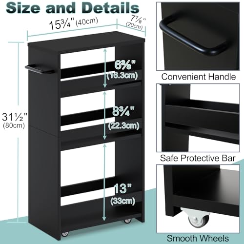 MARTY Slim Rolling Storage Cart, Wood Utility Kitchen Bathroom Laundry Cart - color: All Black, size: 7.9"D x 15.75"W x 31.5"H