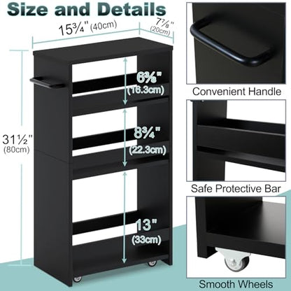 MARTY Slim Rolling Storage Cart, Wood Utility Kitchen Bathroom Laundry Cart - color: All Black, size: 7.9"D x 15.75"W x 31.5"H