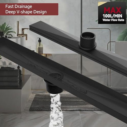 28-Inch Linear Shower Drain, 2-in-1 Reversible Tile Insert Grate, Black 304 Stainless Steel Floor Drain with Hair Strainer & Leveling Feet, Modern Bathroom Shower (Drain Base Not Included) - color: Matte Black, size: 28 inch