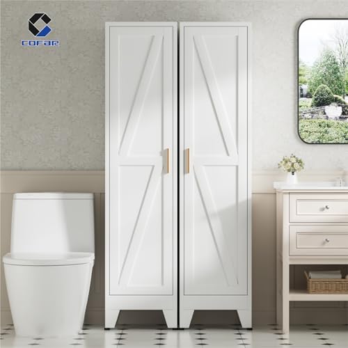 COFaR 67'' Tall Slim Bathroom Storage Cabinet, Metal Narrow Pantry Cabinet with 4 Adjustable Shelves and One Door, Skinny Cabinet Storage for Kitchen Laundry, White Farmhouse 5 Tiers - color: White, size: 11.81''D × 15.75''W × 66.93''H-S04