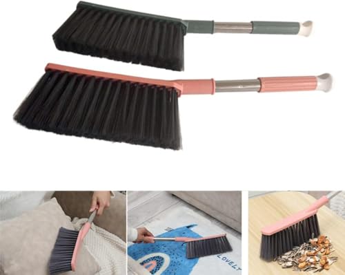 2 Pack Soft Bristle Bed Sheets Sweeping Cleaning Brush with Long Hand, Counter Duster for Debris Hair Remover Desk Quilt Sofa Furniture (Pink Yellow)