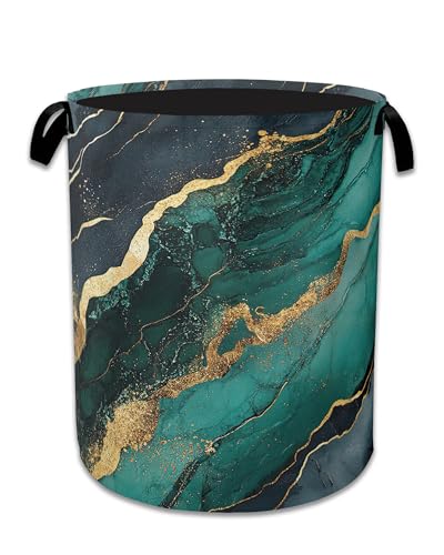 Marble Laundry Basket,Foldable Oxford Cloth Green Gold Flowing Marble Laundry Hamper With Handle, 20.8"x16" Portable Clothes Storage Basket Bag for Laundry Room/Bathroom/Bedroom/Dormitories - color: Green Gold Flowing Marble