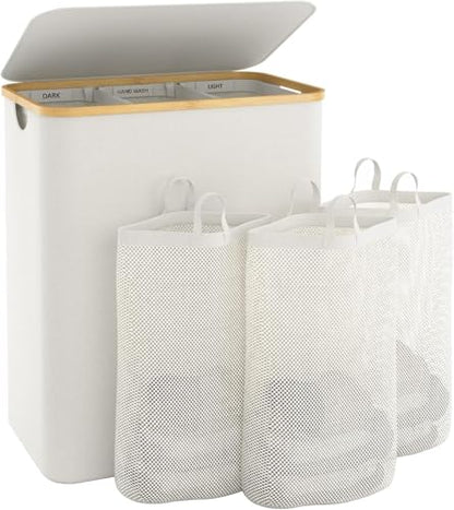Hampers for Laundry Basket with Lid, 145L Large Laundry Hamper 3 Section - color: Beige, size: 145L
