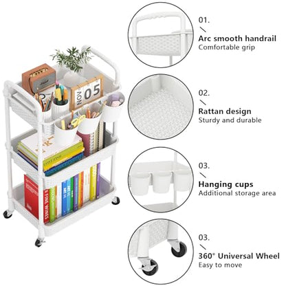 MOYIPIN 3-Tier Plastic Rolling Utility Cart with Handle,White - color: White, size: 3-Tiers with cups