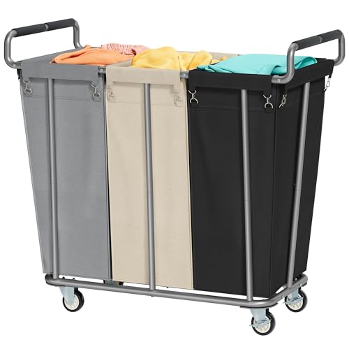 Gewudraw 3 Section Rolling Laundry Sorter Cart with Wheels, 360L - color: Black & Khaki & Grey, size: 3-Section-360L