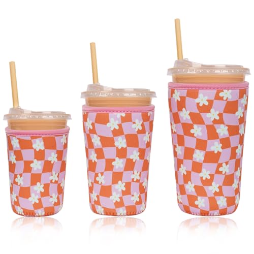 Reusable Insulated Neoprene Iced Coffee Cup Sleeve, Durable Drink Sleeve for Cold Beverages, Beverage Holder for Iced Coffee (Daisy Grid) - color: Daisy Grid