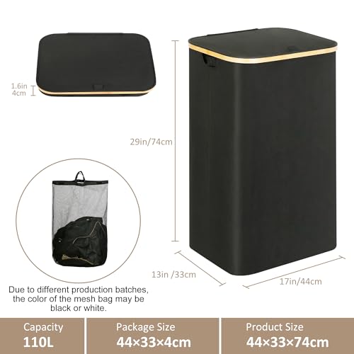 IEGrow Laundry Hamper with Lid,110L Laundry Basket with Mesh Bags,Black - color: Black, size: 110L