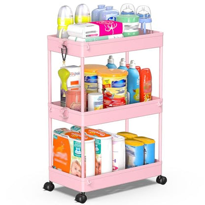 SPACEKEEPER 3 Tier Rolling Cart, Bathroom Cart Organizer with Wheels, Pink - color: Pink, size: 3 Tier