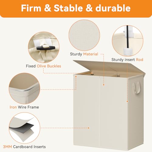 Chrislley Double Laundry Hamper with Lid, 160L Laundry Basket 2 Section - color: Beige, size: 160L(25.0"L x 14.2"W x 27.2"H)