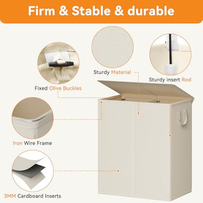 Chrislley Double Laundry Hamper with Lid, 160L Laundry Basket 2 Section - color: Beige, size: 160L(25.0"L x 14.2"W x 27.2"H)