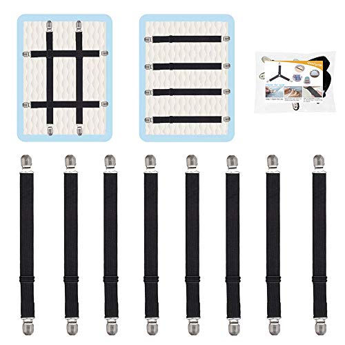 Adjustable Bed Sheet Straps Clips, Elastic Mattress Sheet Fasteners Holder and Suspenders, Grippers to Hold Sheet, Mattress, Sofa, Couch, Table Cloth, Ironing Board Cover, 8Pcs, Black - color: Black