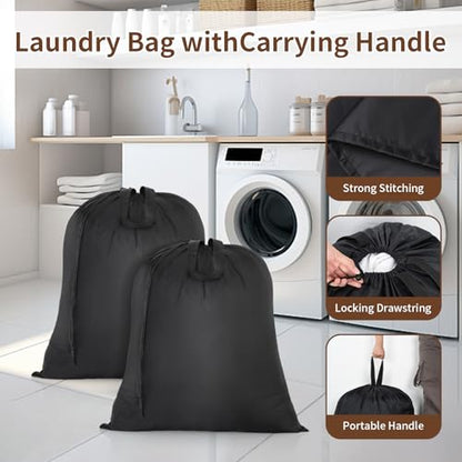 OTraki 2 Pack Washable Travel Laundry Bag 20x24 inch Heavy Duty Laundry Bags with Handles Dirty Clothes Drawstring Laundry Hamper Liner Bag Drying Do Not Exceed 176℉ Black