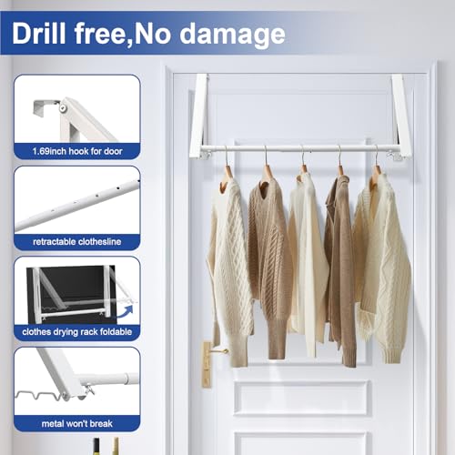 HOME RIGHT Over The Door Clothes Hanger,1.69 Inch Door Hook for Over The Door Drying Rack,Foldable Retractable Overdoor Hanger Hook for Bathroom,Laundry Room,Apartament and Bedroom