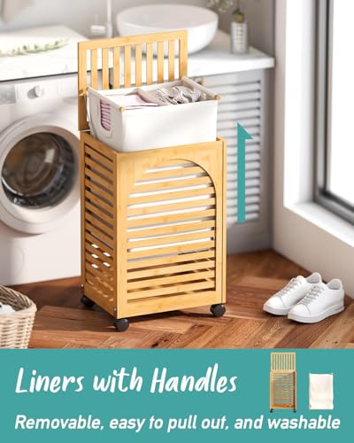 Laundry Hamper with Wheels, Laundry Basket with Lid, 22.5Gallon (85L) Bamboo Wood Clothes Laundry Hamper 2 Section with Handles, Removable Liner - color: Natural, size: Medium