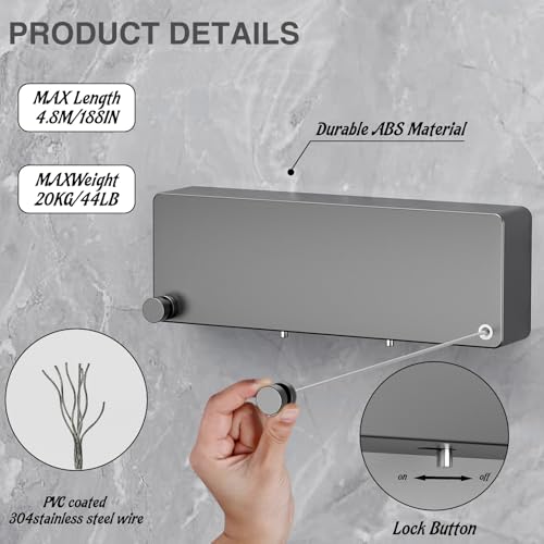 Retractable Clothesline Indoor, Non-Sagging Clothes line retracting Outdoor, Heavy Duty Wall Mounted Laundry Line Adjustable Stainless Steel for Laundryroom, Bathroom, 15.8 Feets Double Lines Grey - style: Gray