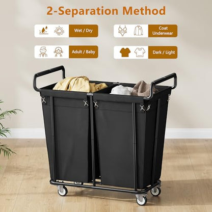 Gewudraw Heavy Duty Laundry Hamper with Wheels 2 Section, 360L, Black - color: Black, size: 2-Section-360L