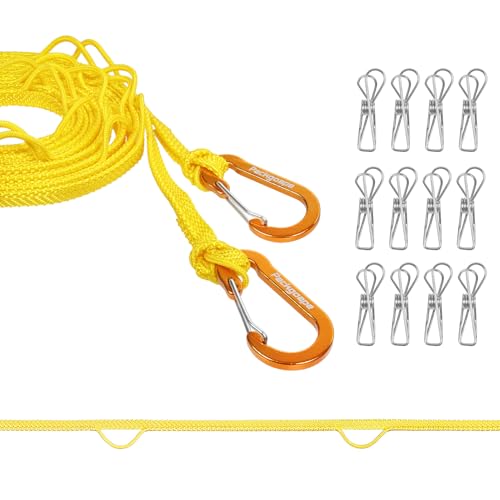 Portable Travel Clothesline, Windproof Clothes Laundry Line with Clothespins & Hang Holes, Indoor & Outdoor Clothes Drying Rope for Hotel, Backyard,Cruise Ships, Camping (Yellow, 12.5 Ft) - size: 12.5 Ft