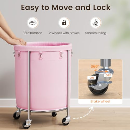 ELYKEN Laundry Basket with Wheels, Round Rolling Laundry Hamper, Pink - color: Pink, size: 190L