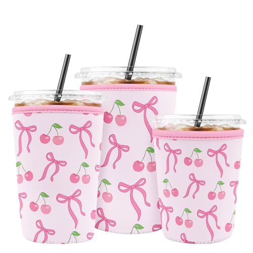 Iced Coffee Sleeve Reusable Neoprene Cup Sleeves, Cherry Bow - color: Cherry Bow